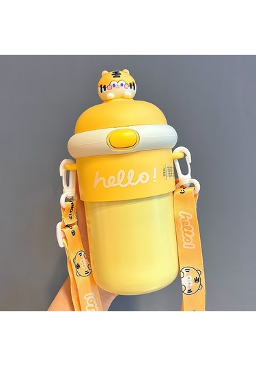 Velvettides Paslanmaz Çelik Termos Bardak Portatif Öğrenci Çapraz Boy Süper Sevimli Bardak Sarı