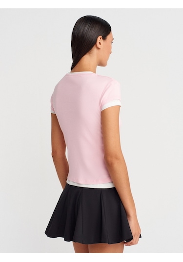 Dilvin 31783 Çift Katlı Düğmeli T-shirt-toz Pembe Toz Pembe
