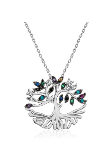 Kenpazar 925 Ayar Gümüş Mix Taşlı Tuba Ağacı Kadın Gümüş Kolye Çok Renkli