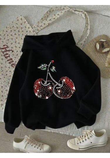 Kışlık Kapüşonlu Sweatshirt, Çocuk We Kiraz Baskılı SiYAH