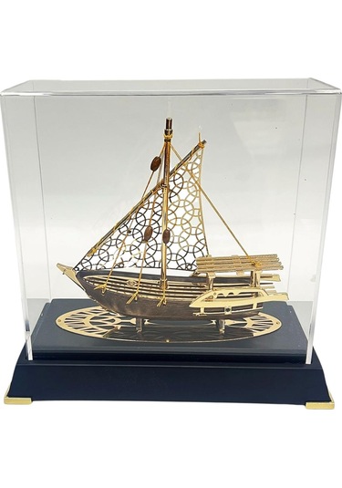 Pirinç Yelkenli Gemi Altın Kaplama Katar Dhow Teknesi Deri Kutulu 23cm No.2