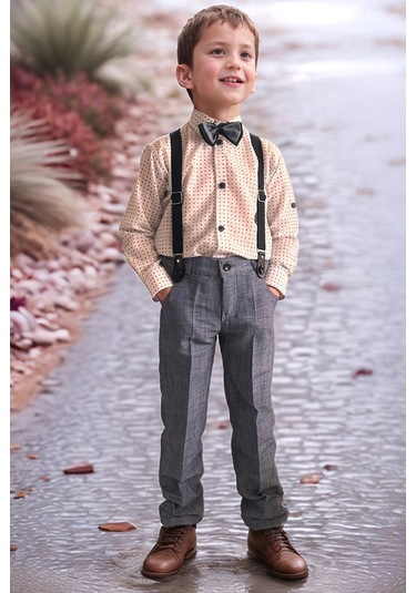 Riccotarz Erkek Bebek Desenli Gömlek, Papyon Ve Askılı Mavi Pantolon Alt Üst Takım Mavi