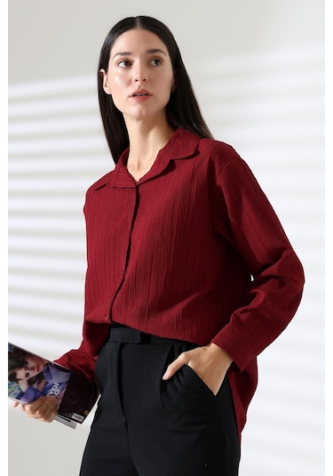Ribana Regular Fit Uzun Kollu Durres Dokulu Kadın Gömlek Bordo Ribana Regular Fit Uzun Kollu Durres Dokulu Kadın Gömlek Bordo