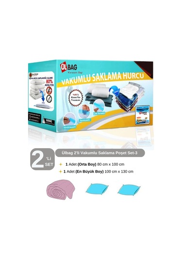 2'li Vakumlu Hurç Seti - 3 1 Ad. En Büyük Boy 1 Ad. Orta Boy Elbise, Yastık, Çift Kişilik Yorgan Şeffaf