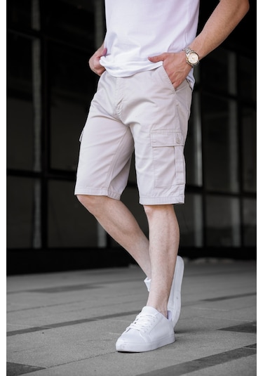 Taş Renk Kargo Cepli Gabardin Erkek Şort-1803 Taş