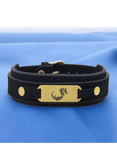 Archin Ejderha Temalı 14 Ayar Altın Plakalı Doğal Siyah Derili Oval Motifli Hediye Bileklik-438sembol Ejderha