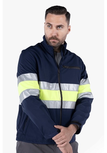 Çift Sıra Reflektörlü Neon Softshell Mont Lacivert - Sarı