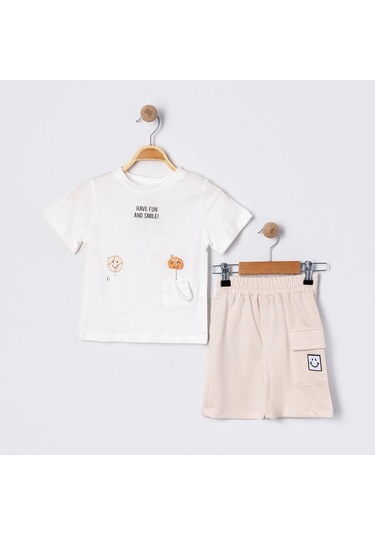 Erkek Çocuk Ekru Gülen Yüz Aksesuarlı Şortlu Takım-1136 Ekru
