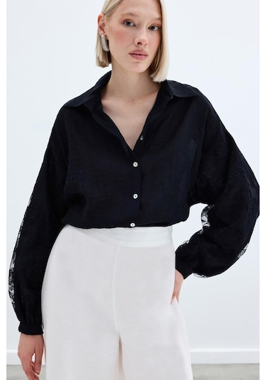 Sateen Nakış Detaylı Kraşlı Gömlek - Siyah-136254 Siyah
