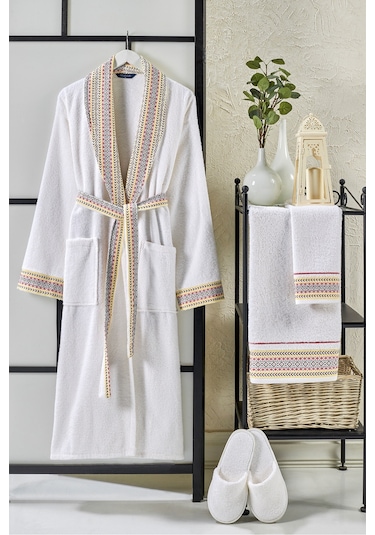 Vevien Ansaaj Jakarlı 4 Parça Bornoz Seti Krem