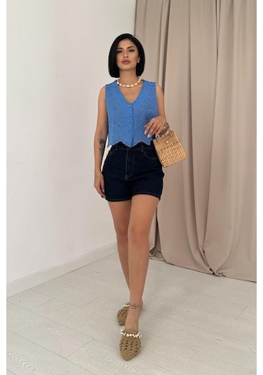 Tanla Butik Mavi Sıfır Kol Brode Bluz Mavi