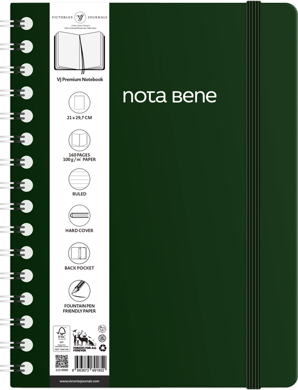 Nota Bene Spiralli Premium Sert Kapak Defter, 21x29,7 Cm, Çizgili Yeşil