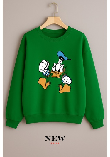 Ördek Baskılı Bisiklet Yaka Sweatshirt Yeşil