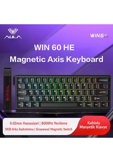 Aula Win60 He Manyetik Klavye Rapid Trigger Graywood Swtich 8000hz Rgb Tkl Hot Swap Oyuncu Klavyesi Siyah