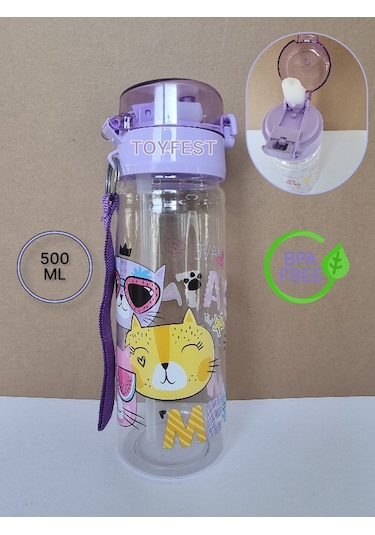 Pipetli Suluk Matara - Kilit Kapaklı Cat Meow Kedi Temalı - 500 Ml