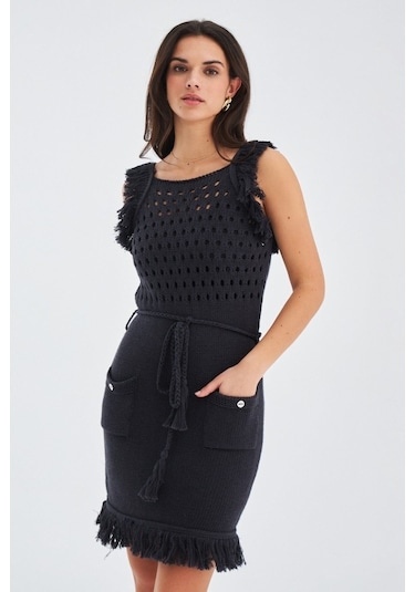 Peraluna Mıyokı Dress %100 Pamuk Diz Hizası Yazlık Kadın Triko El Antrasit