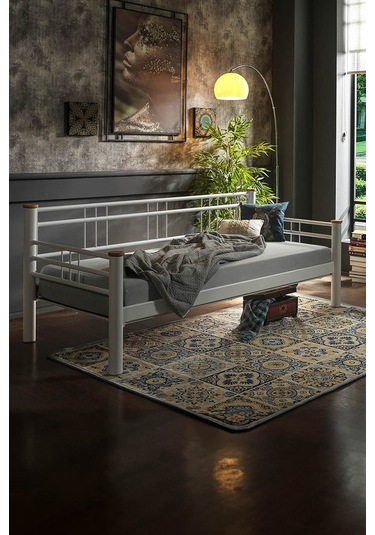 Kappis Daybed Tek Kişilik Sedir Metal Karyola 90x200 Beyaz Ahşap Latalı