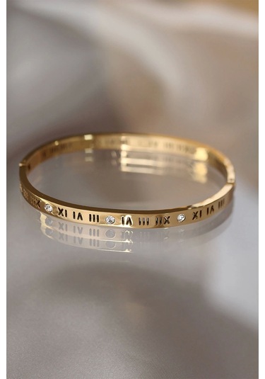 316l Çelik Roma Rakamlı Gold Renk Bilezik Kelepçe Gold