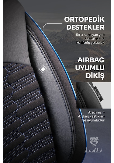 Siyah - Mavi Butti Libro Serisi Keten Kumaş Premium Oto Koltuk Kılıfı Destekli, Ön Arka Tam Set