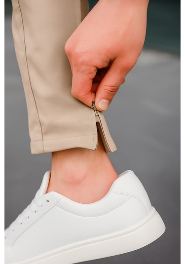 Erkek Vizon Renk Esnek Likralı Fermuar Detaylı Jogger Pantolon-1805 Vizon