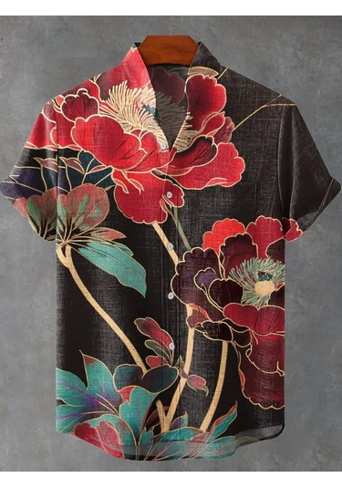 Snapbuy Retro Erkek Keten Gömlek - Yaz Serin Rahat Kısa Kollu Japon Desen Baskılıgreen Green