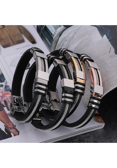 Siyah Moda Paslanmaz Çelik Bilezikler Bilek Bandı Siyah Silikon Punk Bileklik Rahat Bilezik Siyah