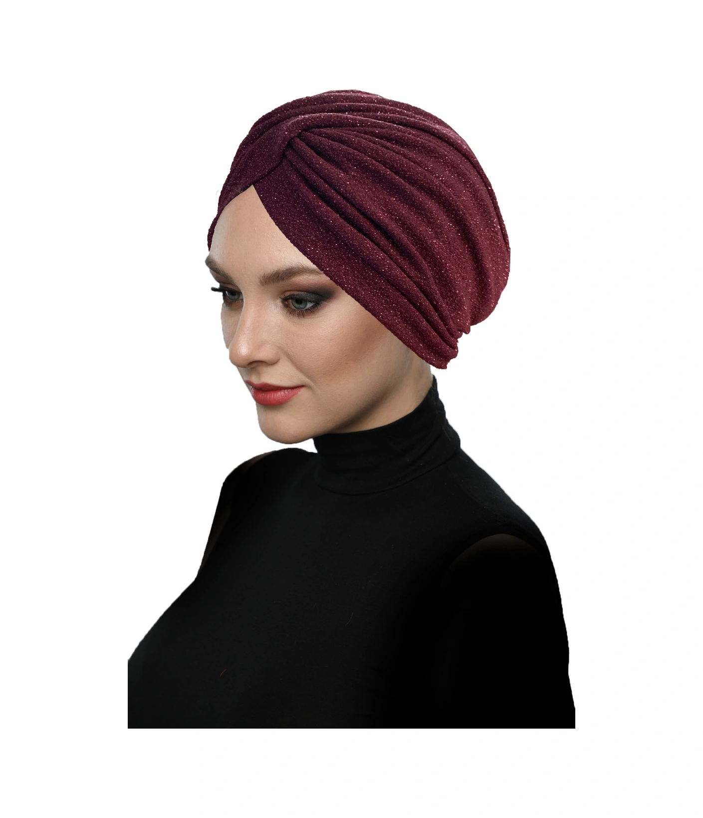 Çapraz Fukuro Simli Astarlı Bordo Hazır Türban Tesettür Abiye Bone Bordo