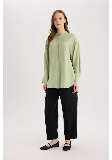 DeFacto Relax Fit Hakim Yaka Basic Düz Uzun Kollu Gömlek Tunik E1757AX25SPGN270