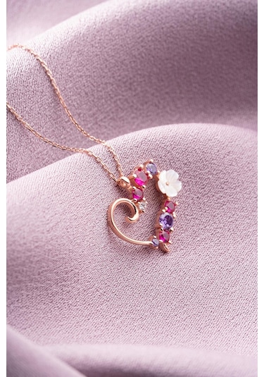 Nereze 925 Ayar Gümüş Manolya Çiçeği Renkli Taşlı Kalp Kolye