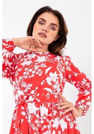Yaprak Desenli Renkli Pamuklu Yazlık Baharlık Kuşaklı Elbise 2101 Kırmızı
