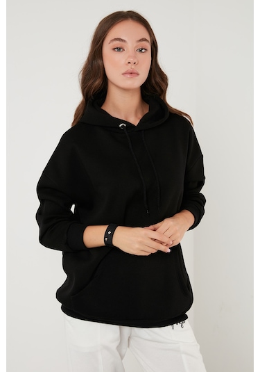 Lela Regular Fit Pamuklu Kapüşonlu Yaka Şardonlu Kışlık Bayan Sweat 5863854 Siyah