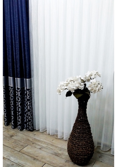 Evdepo Home Kullanıma Hazır Mavi Çizgili Tül Perde