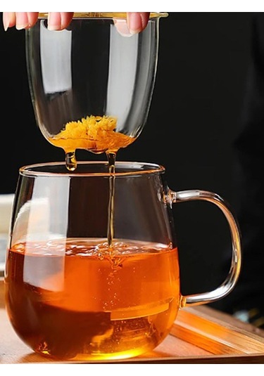 Qerhome Borosilikat Cam Süzgeçli Bambu Kapaklı Kupa 350 Ml Şeffaf