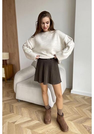 Ekru Bisiklet Yaka Oversize Triko Kazak Mg1972 Ekru