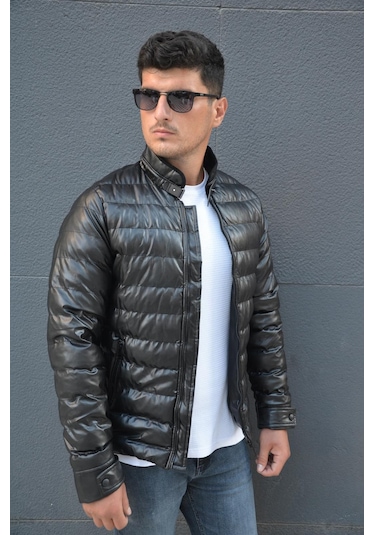 Prifaldi Erkek Dik Yaka Şişme Deri Mont Siyah 001