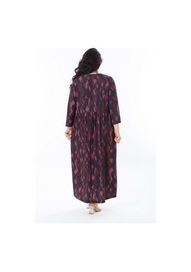 Kadın Büyük Beden Mürdüm Belden Büzgülü Kare Yaka Kapri Kollu Elbise 65n38247-mürdüm Mürdüm