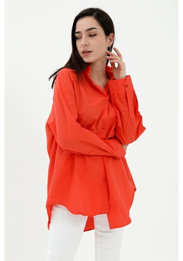 Tek Cepli Kolları Katlı Oversize Kalın Keten Gömlek - Turuncu-turuncu Turuncu