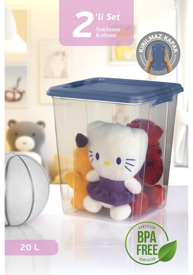 2'li Megabox 20l Saklama Kabı - Kilitli Kapaklı Çok Amaçlı Düzenleyici Kiler Depolama Oyuncak Kutusu Mavi