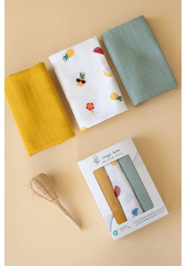 Çok Amaçlı Müslin Örtü & Battaniye 3'lü Set Pamuk Oeko-teks Sertifikalı 80x80 CM Beyaz - Hardal