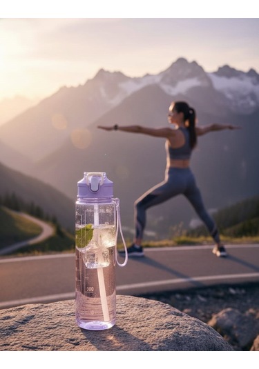 Mor, Şeffaf Pipetli Matara 900 Ml, Sızdırmaz Kapaklı Suluk