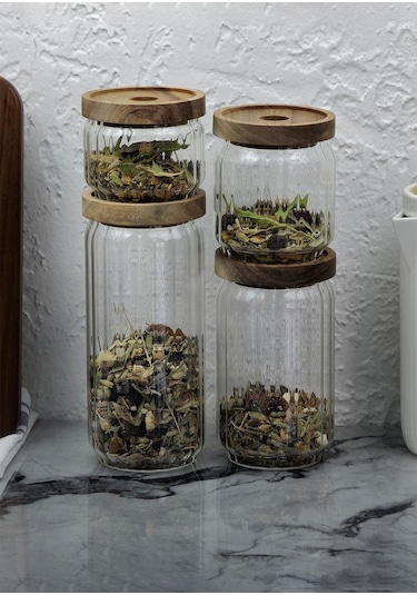 Timber Cam Kavanoz Seti - Çizgili 4'lü Saklama Kavanozu Takımı - Ahşap Kapaklı, 8 Parça