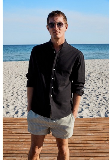 JEZER Erkek Hakim Yaka Uzun Kollu %100 Pamuk Regular Fit Siyah Gömlek