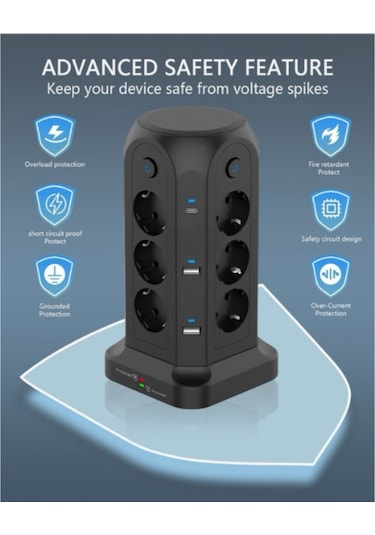 Kule Tipi Priz - Avrupa Standardı - 2 Type-c Portlu - 2 Metre Kablolu - 12 Yuvalı Um46021-1 Yurt Dışından 2 Metre