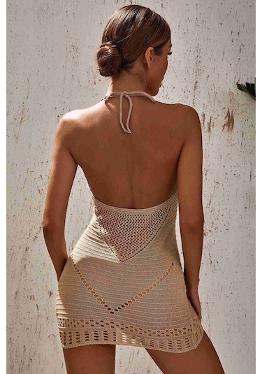 Angelsin Boyundan Bağlamalı Etnik Desenli Örme Pareo Plaj Elbisesi Krem 001