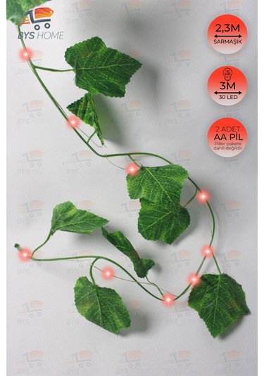 Dekoratif Yeşil Yapraklı 230 Cm Yapay Sarmaşık Ve 300 Cm Peri Led Pembe Renk - Kırmızı Kırmızı