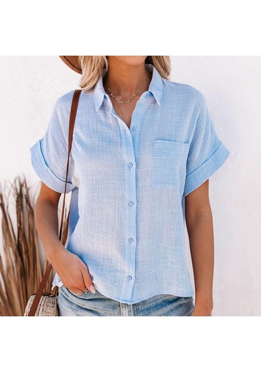 Yaz Pamuk Keten Gömlek Kadın Kısa Kollu Üstleri Kadın Zarif Bluzlar Kısa Kollu Yaz Gömlek Kadın Için Rahat 21929 Açık Mavi