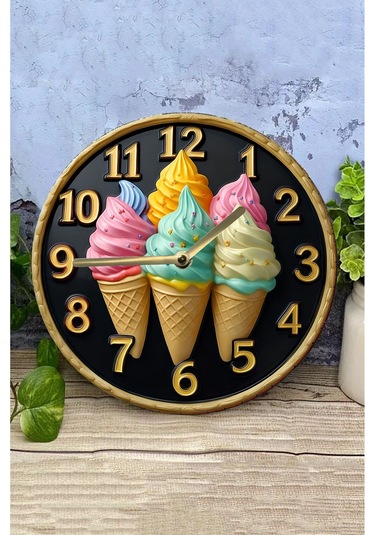 Renkli Dondurma Külahlı Mdf Duvar Saati 3d Görünümlü, Sessiz Mekanizmalı, 2d Hd Baskı Sdw241 Renkli