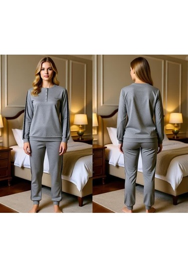Kadın Pamuklu Koyu Gri Renk Pijama Takımı Al507-2 Gri
