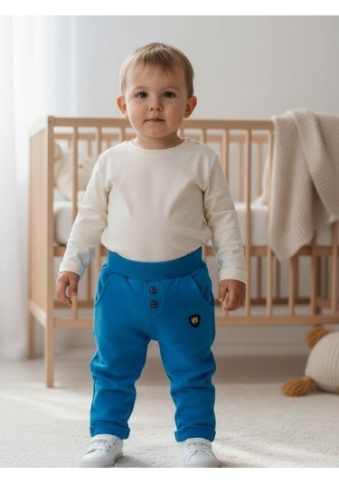 Zekids Erkek Çocuk Pamuklu Lastikli Duble Paça Eşofman Altı-16388 Mavi