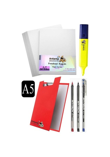 Kapaklı Sekreterlik A5 Tükenmez Kalem 3 Renk A5 Beyaz Fotokopi Kağıdı 50 Adet Fosforlu Kalem Sarı Ofis Büro Okul